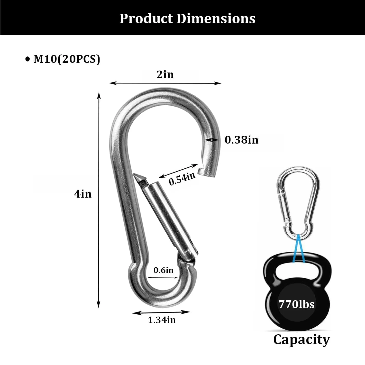 20Pcs 4” Safety Spring Snap Hook, M10 3/8" Carabiner Quick Link Snap Hooks for Camping Hiking, 770LBS Holding Capacity Heavy Duty Steel Carabiner Clip Buckle for Swing Hammock Gym Outdoor