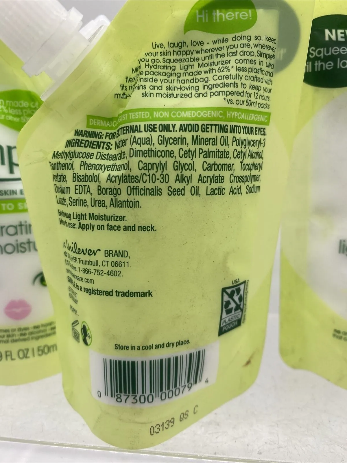 (4) Simple Hydrating Light Moisturizer Squeeze Me Pouches 1.69oz Travel Lotion