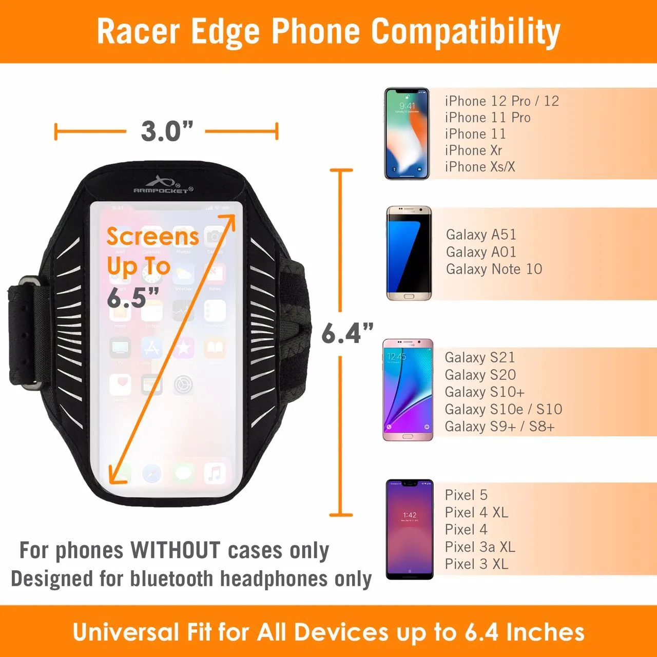 Armpocket Racer Edge, thin armband for iPhone 14/13/12/11/11 Pro/11 Pro Max, Galaxy Note 10/S20/S10  and other full-screen devices - SAVE 20%