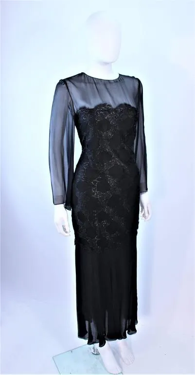 BILL BLASS Black Chiffon Gown with Gold Bodice Size 12