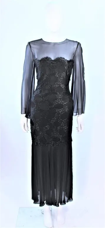 BILL BLASS Black Chiffon Gown with Gold Bodice Size 12