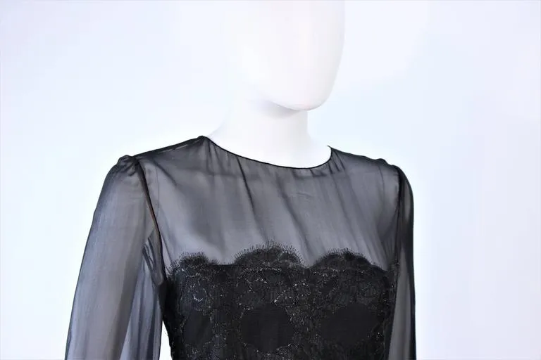 BILL BLASS Black Chiffon Gown with Gold Bodice Size 12