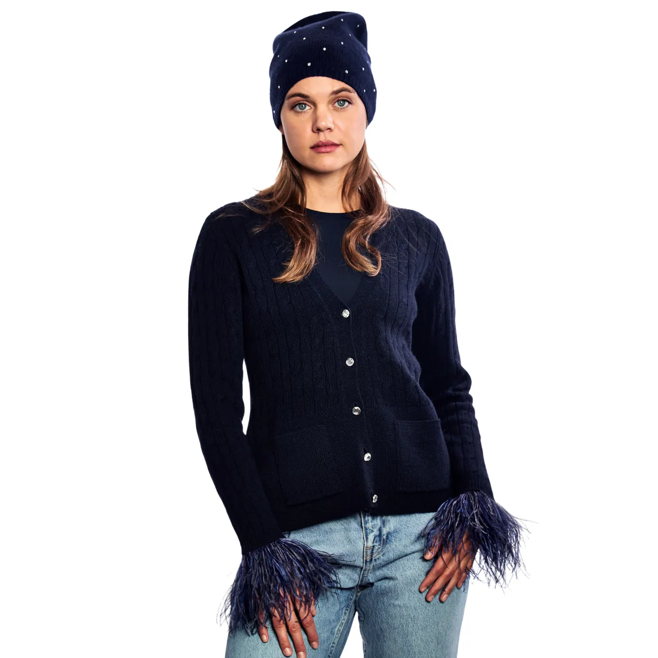 Cashmere Feather Cuff Cardigan - Light Heather Grey