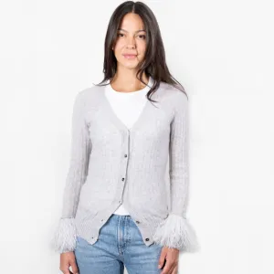 Cashmere Feather Cuff Cardigan - Light Heather Grey