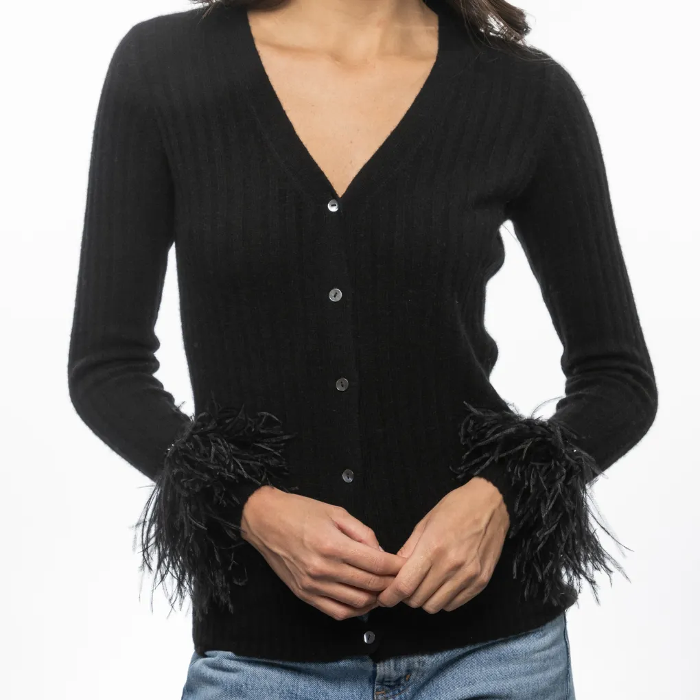 Cashmere Feather Cuff Cardigan - Light Heather Grey