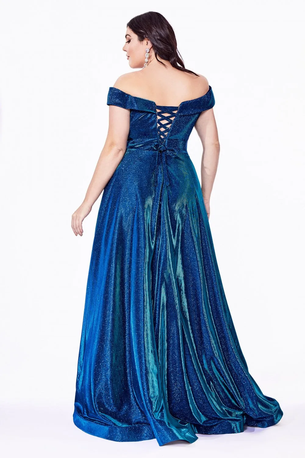 CD CD210C - Plus Size Off The Shoulder Glitter Metallic A-Line Prom Gown with Sweetheart Neck Pockets & Lace Up Corset Back