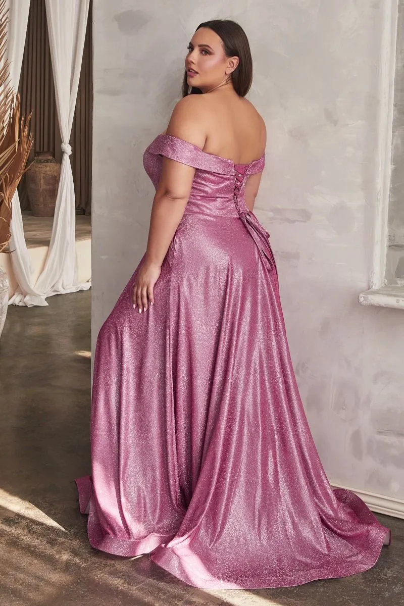 CD CD210C - Plus Size Off The Shoulder Glitter Metallic A-Line Prom Gown with Sweetheart Neck Pockets & Lace Up Corset Back