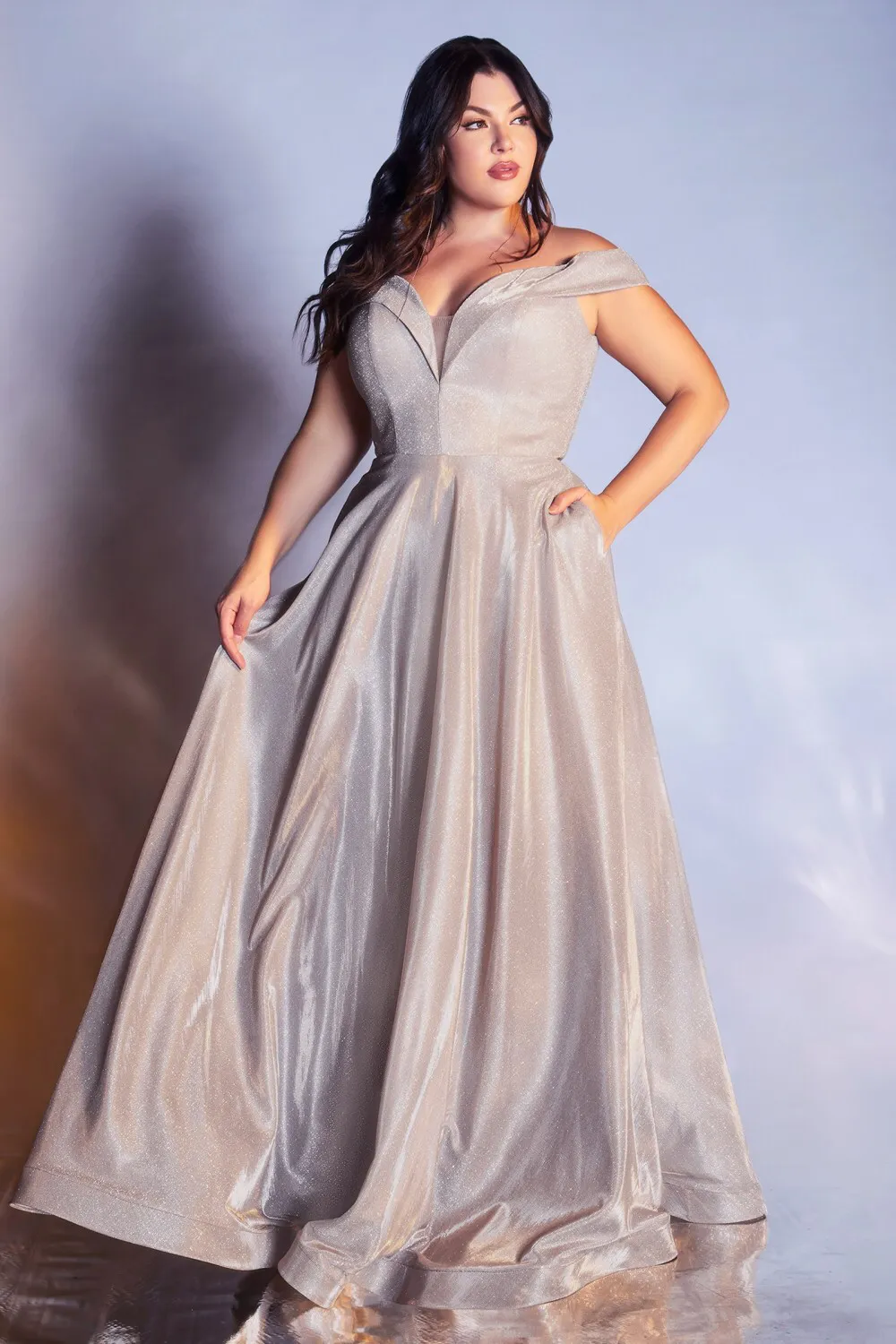 CD CD210C - Plus Size Off The Shoulder Glitter Metallic A-Line Prom Gown with Sweetheart Neck Pockets & Lace Up Corset Back