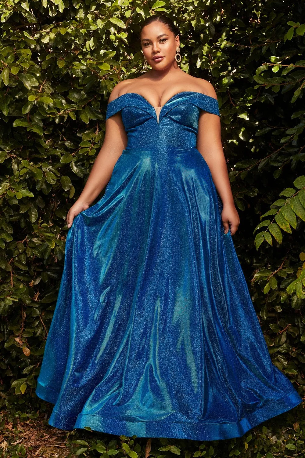 CD CD210C - Plus Size Off The Shoulder Glitter Metallic A-Line Prom Gown with Sweetheart Neck Pockets & Lace Up Corset Back