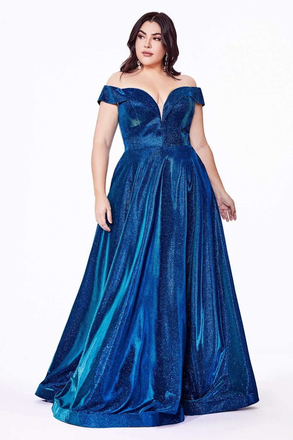 CD CD210C - Plus Size Off The Shoulder Glitter Metallic A-Line Prom Gown with Sweetheart Neck Pockets & Lace Up Corset Back