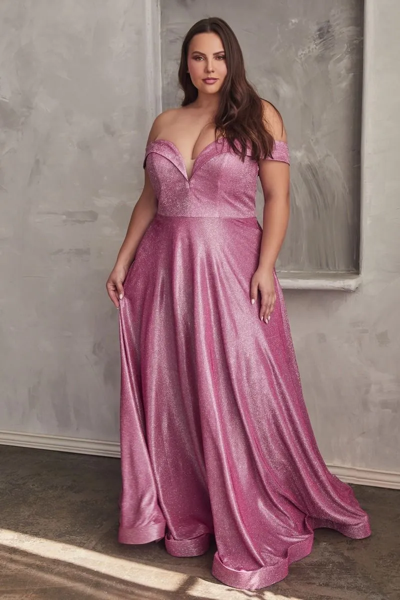 CD CD210C - Plus Size Off The Shoulder Glitter Metallic A-Line Prom Gown with Sweetheart Neck Pockets & Lace Up Corset Back