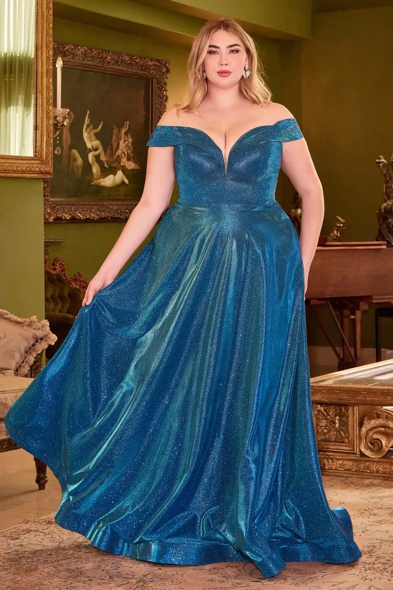 CD CD210C - Plus Size Off The Shoulder Glitter Metallic A-Line Prom Gown with Sweetheart Neck Pockets & Lace Up Corset Back