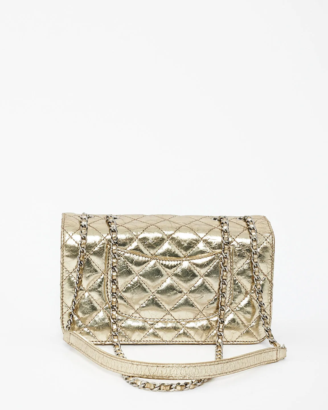 Chanel Gold Metallic Crinkled Leather Small Clams Pocket Flap Bag