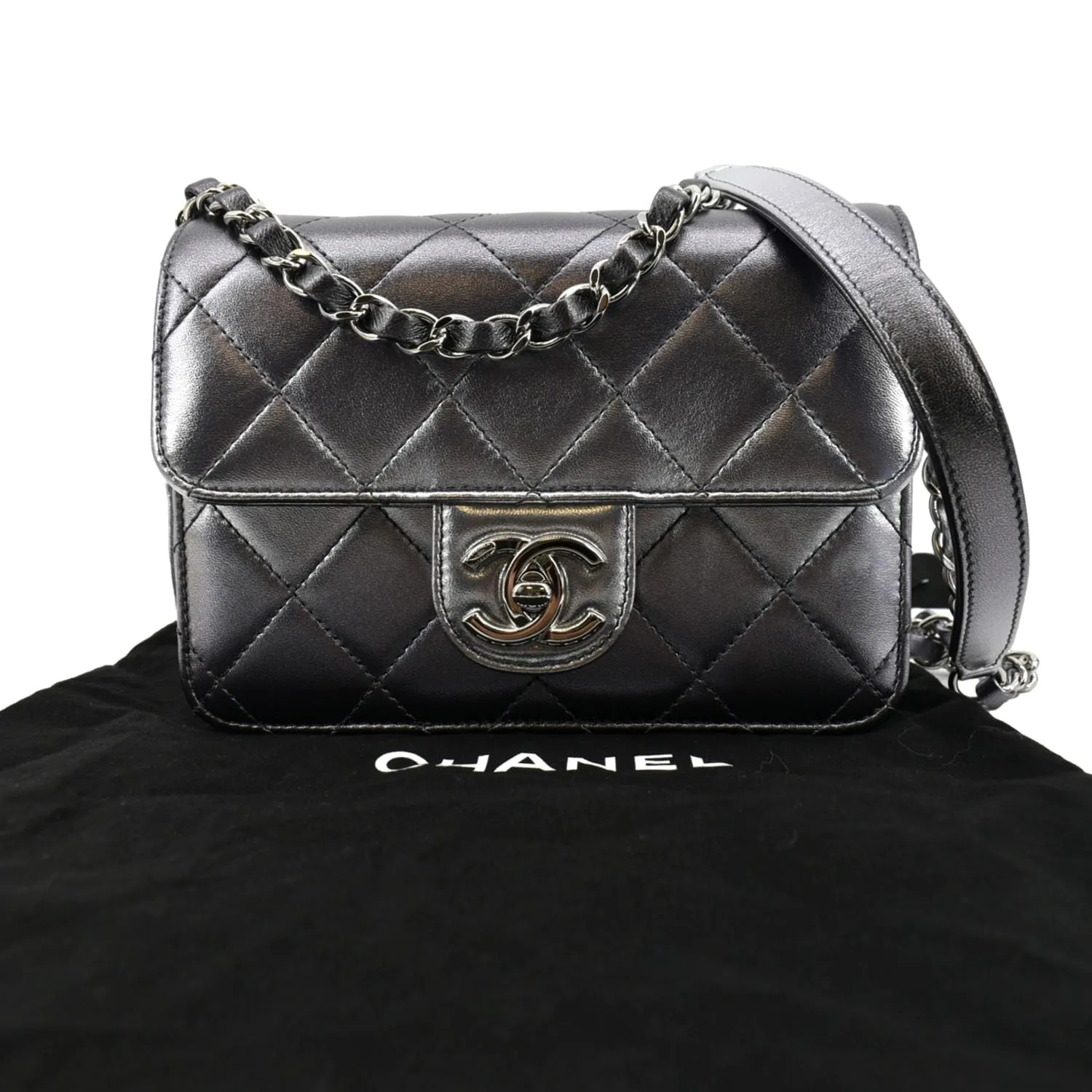 CHANEL Like a Wallet Quilted Lambskin Leather Shoulder Bag Gunmetal Metallic