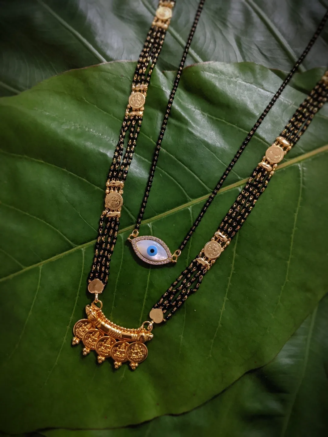 Combo Set of 2 Mangalsutra Designs Gold Plated Evil Eye & Lakshmi Coin Maharashtrian Style Pendant