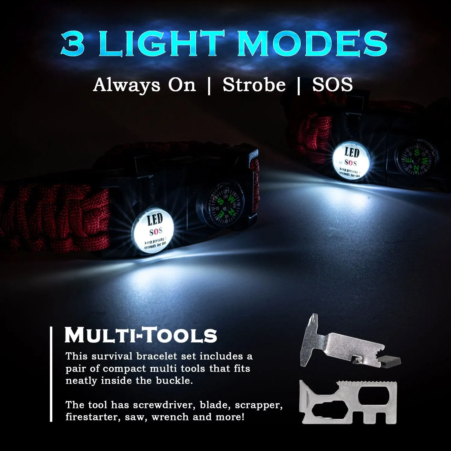 Deco Essentials 2-Pack Tactical Emergency Paracord Bracelet w/ SOS LED Whistle Knife Multi Tool