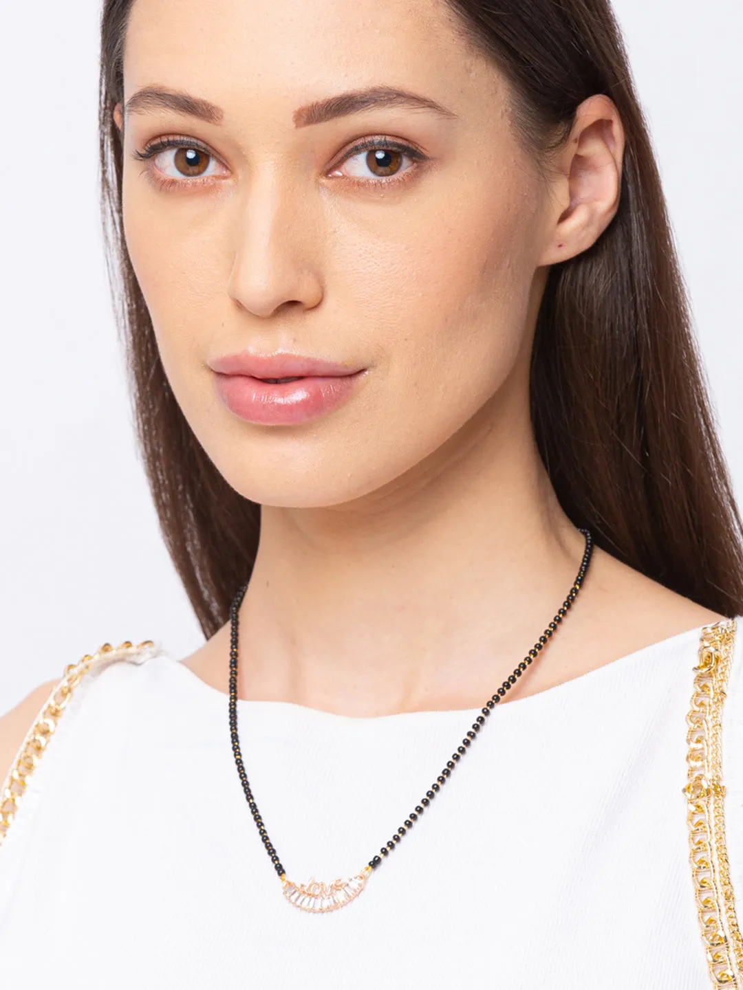 Digital Dress Room Diamond Gold Plated Short Mangalsutra मंगलसूत्र Latest Design/Cz Solitaire/Black Beads Chain Love Pendant New Mangalsutra Designs For Women (19 Inches)