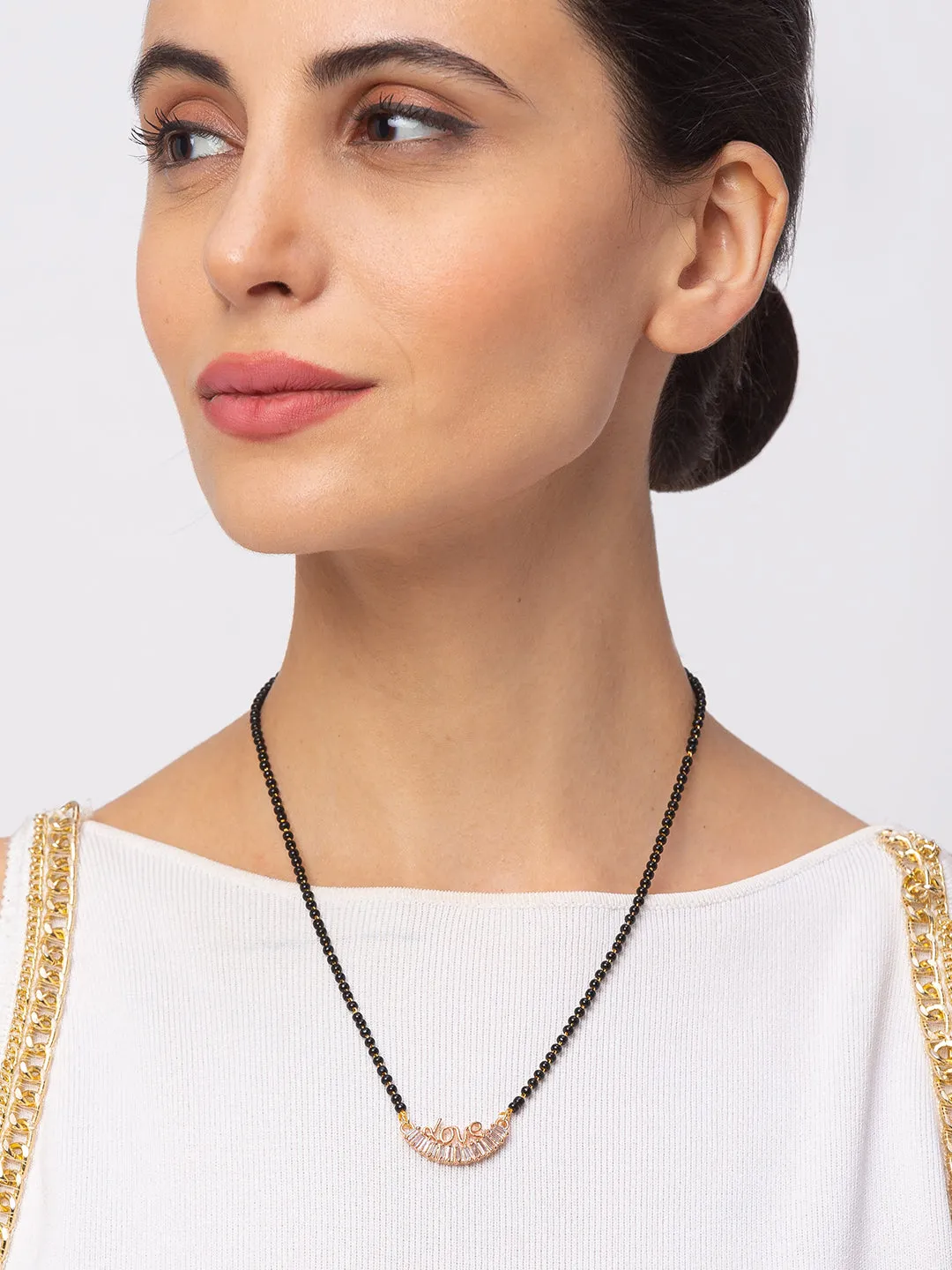 Digital Dress Room Diamond Gold Plated Short Mangalsutra मंगलसूत्र Latest Design/Cz Solitaire/Black Beads Chain Love Pendant New Mangalsutra Designs For Women (19 Inches)