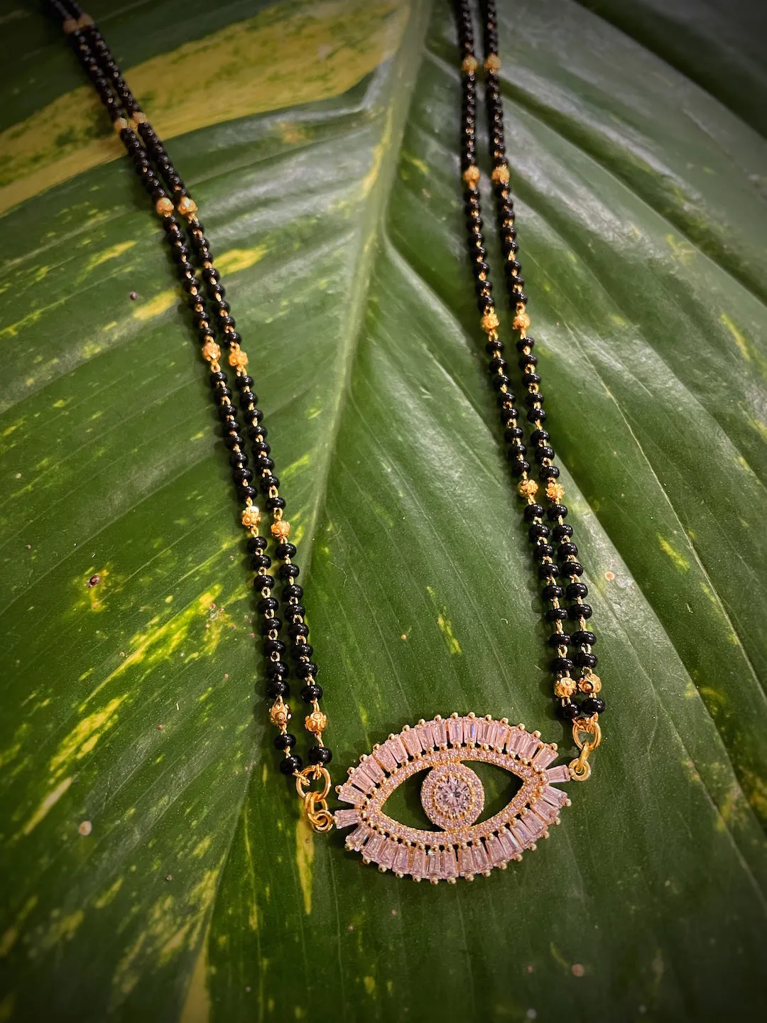 Evil Eye Diamond Gold Plated Long Mangalsutra मंगलसूत्र Latest Design/Cz Solitaire/Black Beads Chain New Mangalsutra Designs For Women (24 Inches)