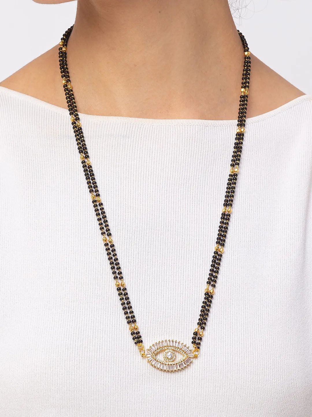 Evil Eye Diamond Gold Plated Long Mangalsutra मंगलसूत्र Latest Design/Cz Solitaire/Black Beads Chain New Mangalsutra Designs For Women (24 Inches)