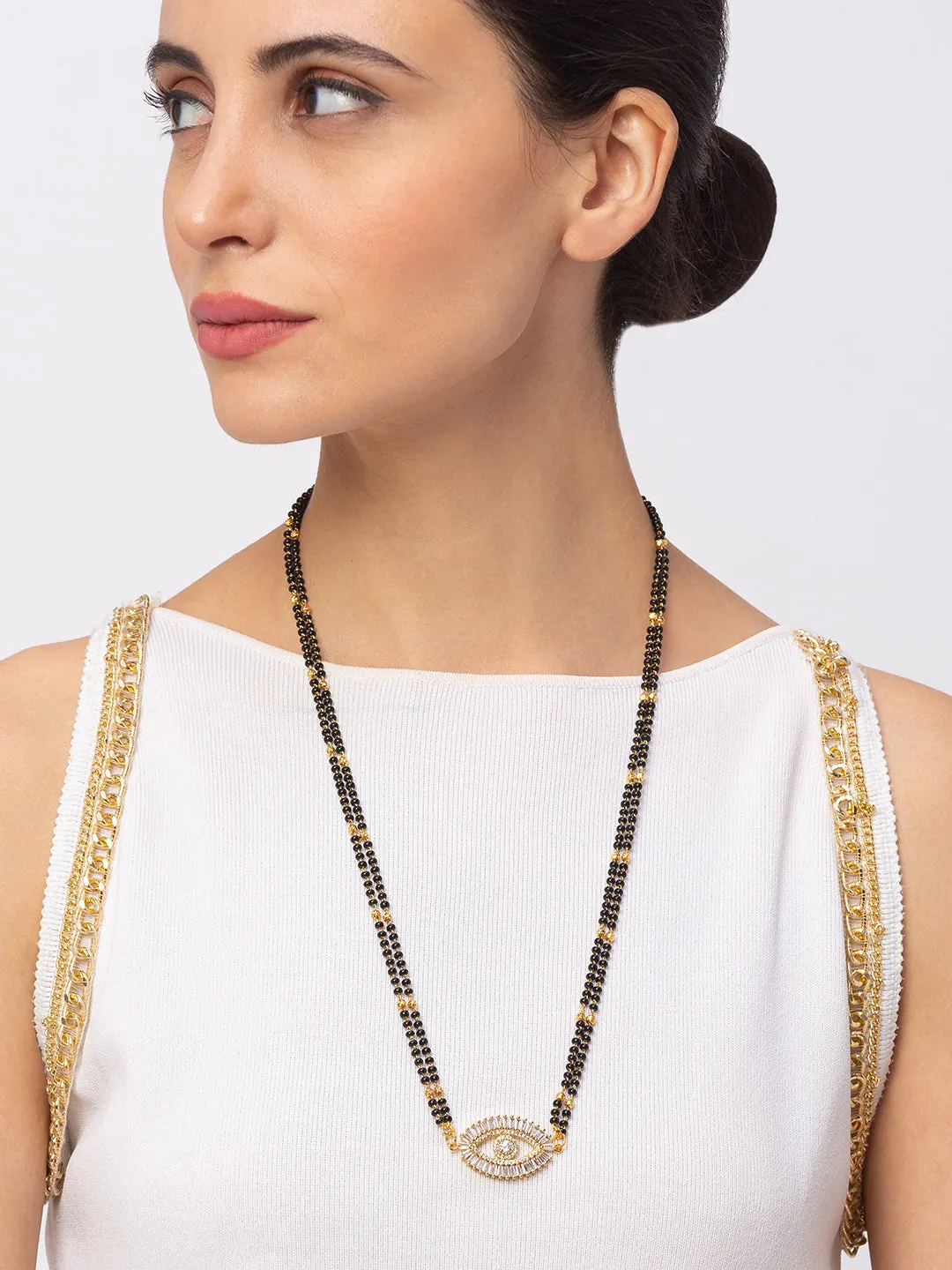 Evil Eye Diamond Gold Plated Long Mangalsutra मंगलसूत्र Latest Design/Cz Solitaire/Black Beads Chain New Mangalsutra Designs For Women (24 Inches)