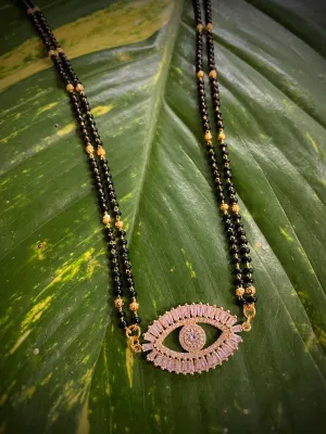 Evil Eye Diamond Gold Plated Long Mangalsutra मंगलसूत्र Latest Design/Cz Solitaire/Black Beads Chain New Mangalsutra Designs For Women (24 Inches)