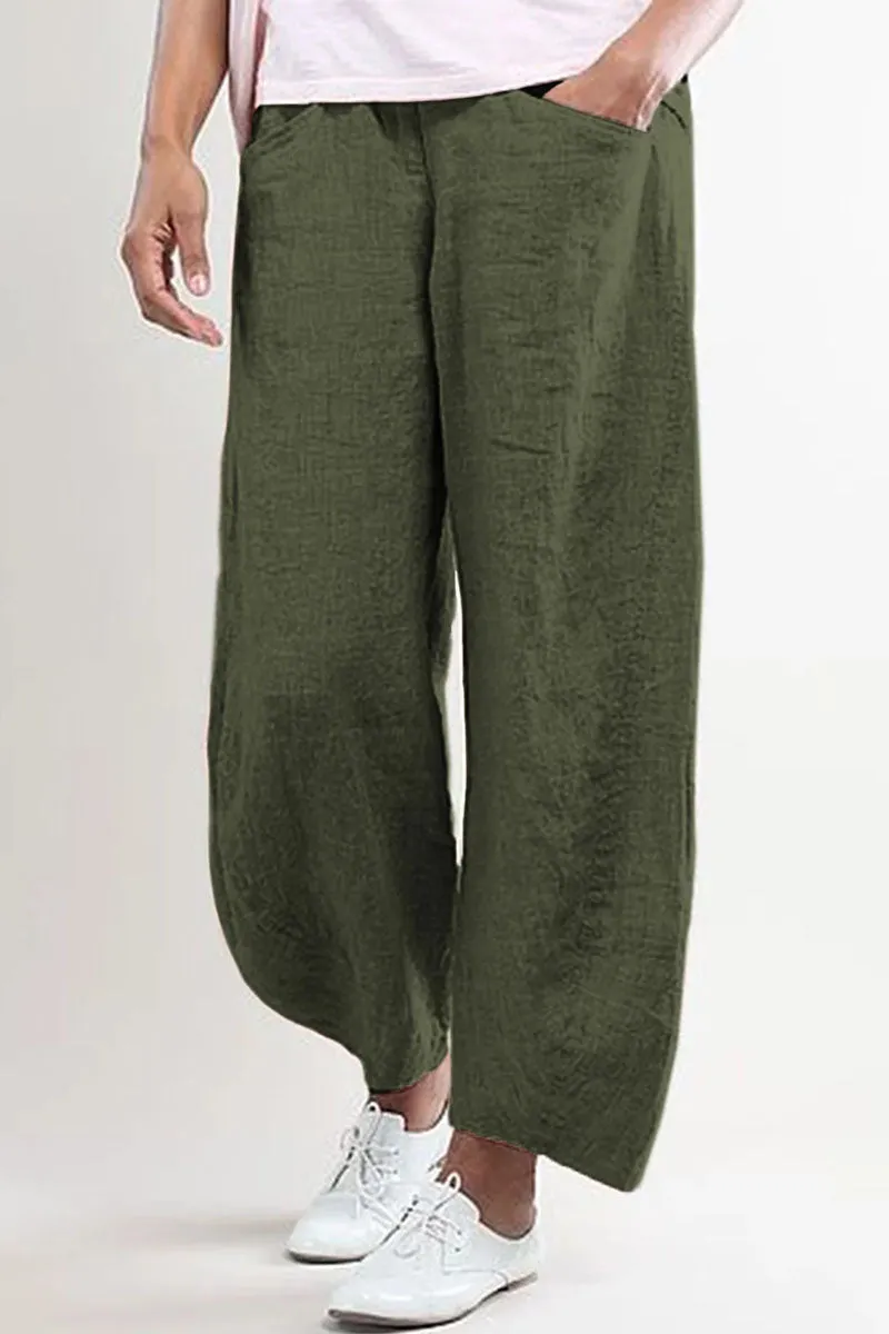 Fashion Casual Solid Pocket Loose Mid Waist Wide Leg Bottoms(5 colors)