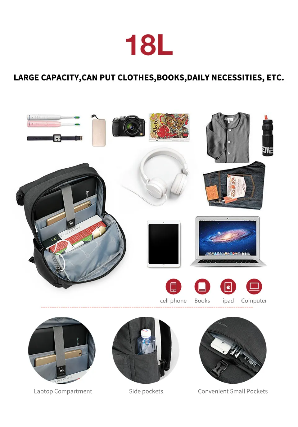 Fashion Men's/Women's Slim 15.6" Laptop Backpack With USB Charging Port For School/Work/Travel - Black,Red