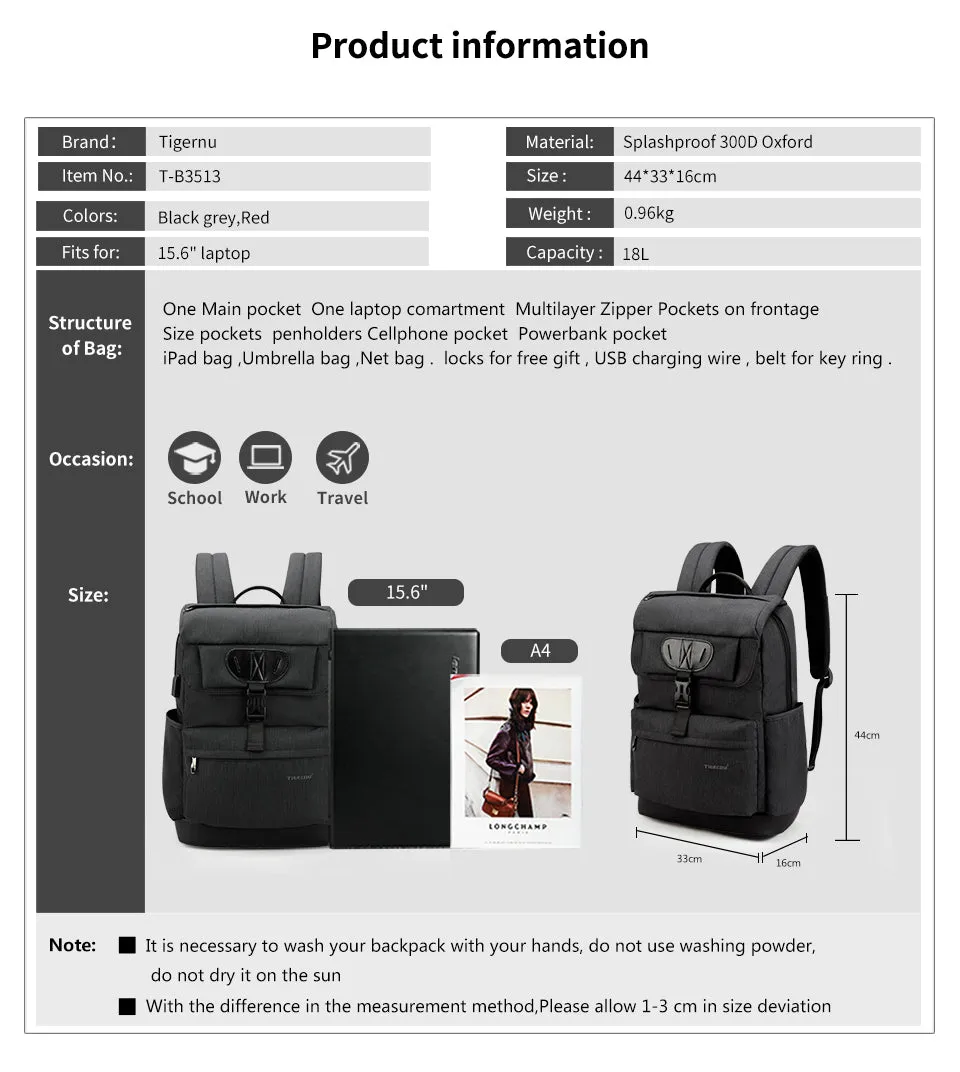 Fashion Men's/Women's Slim 15.6" Laptop Backpack With USB Charging Port For School/Work/Travel - Black,Red