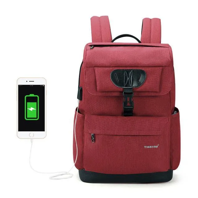 Fashion Men's/Women's Slim 15.6" Laptop Backpack With USB Charging Port For School/Work/Travel - Black,Red