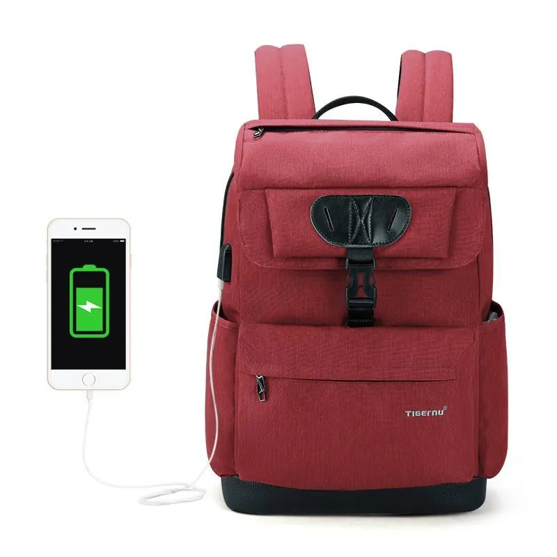 Fashion Men's/Women's Slim 15.6" Laptop Backpack With USB Charging Port For School/Work/Travel - Black,Red