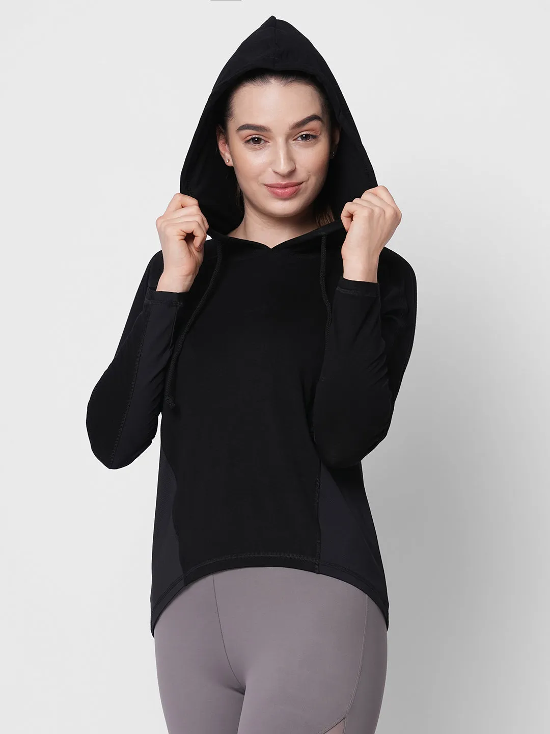 Fitkin women black long sleeve hoodie top with side mesh panel