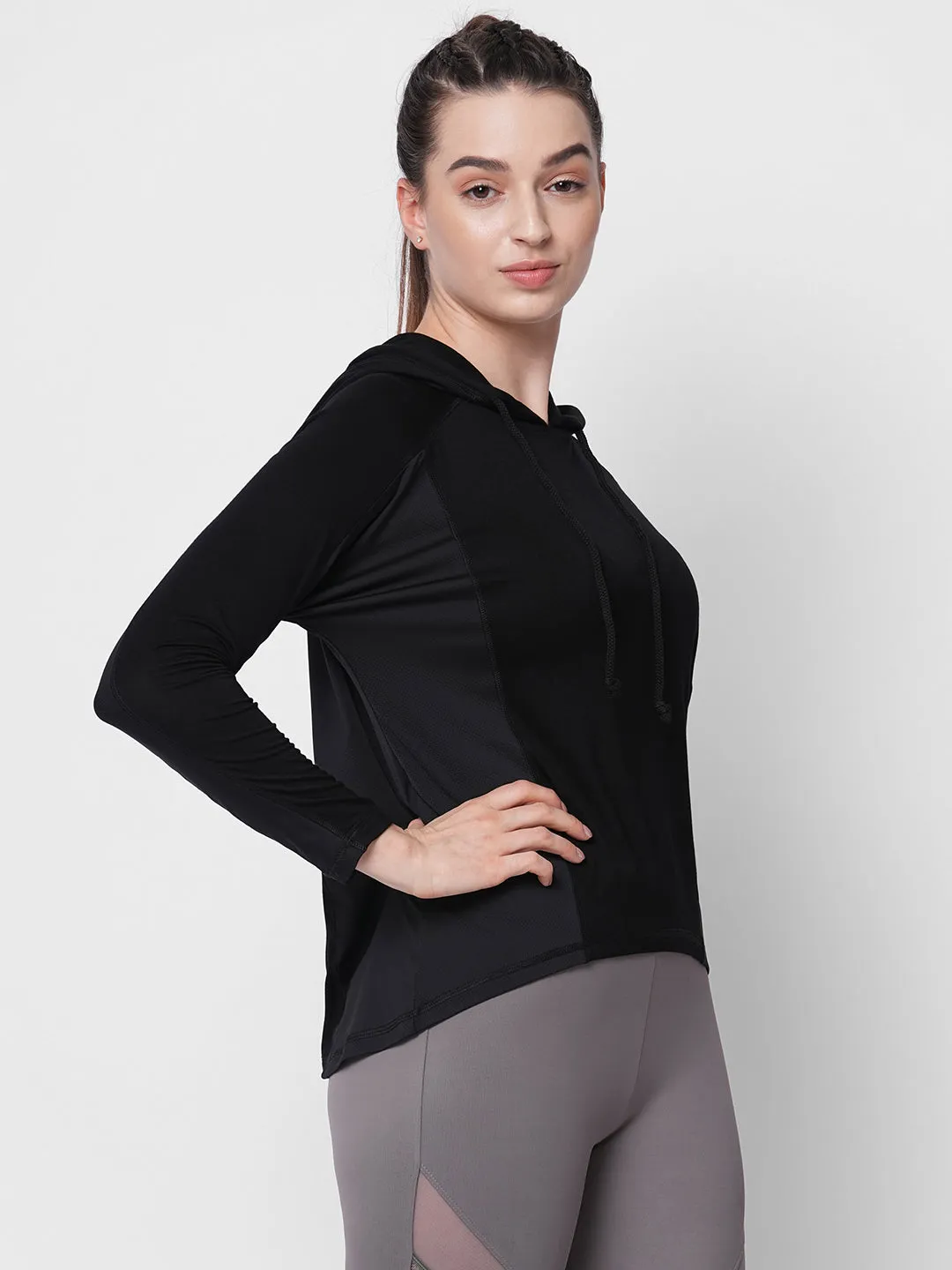 Fitkin women black long sleeve hoodie top with side mesh panel