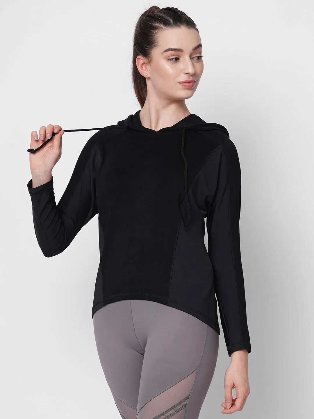 Fitkin women black long sleeve hoodie top with side mesh panel