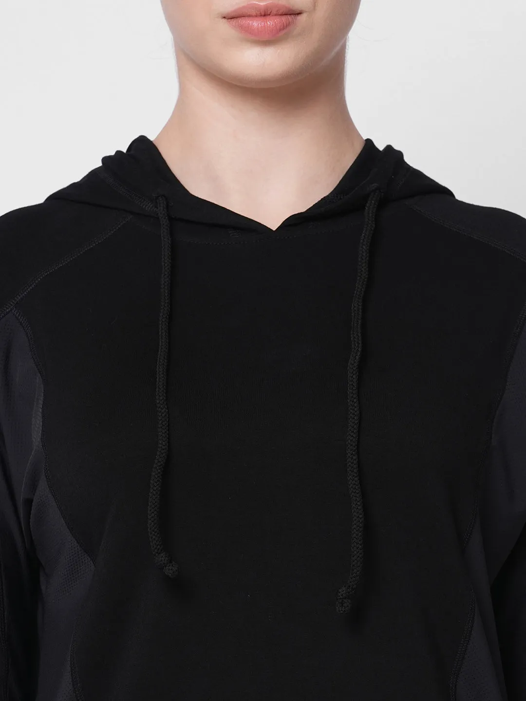 Fitkin women black long sleeve hoodie top with side mesh panel