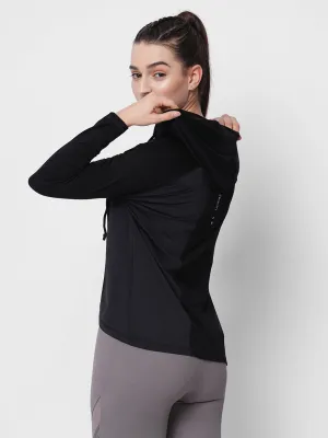 Fitkin women black long sleeve hoodie top with side mesh panel