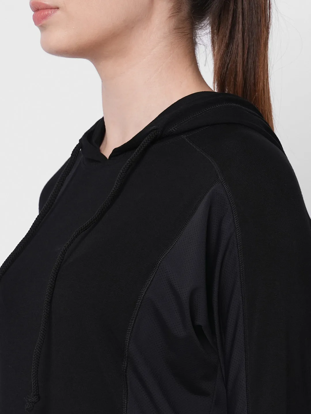 Fitkin women black long sleeve hoodie top with side mesh panel