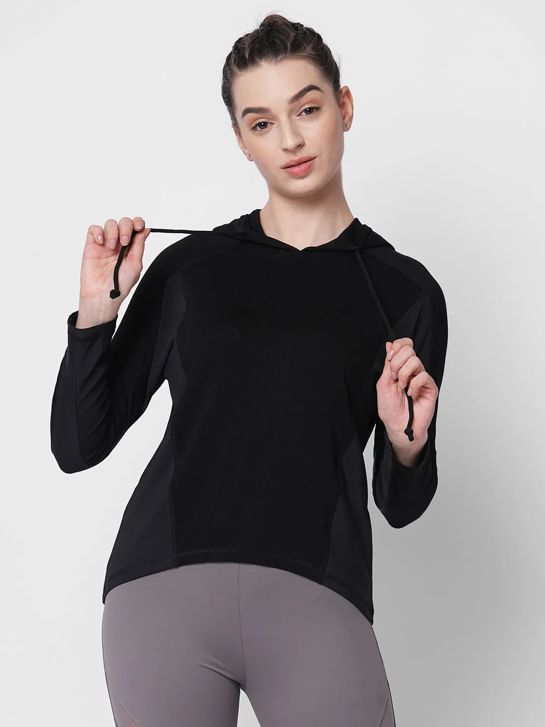 Fitkin women black long sleeve hoodie top with side mesh panel