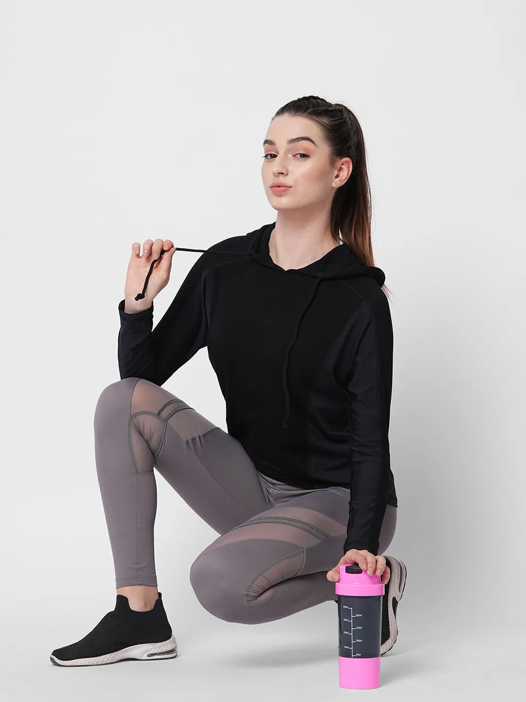 Fitkin women black long sleeve hoodie top with side mesh panel