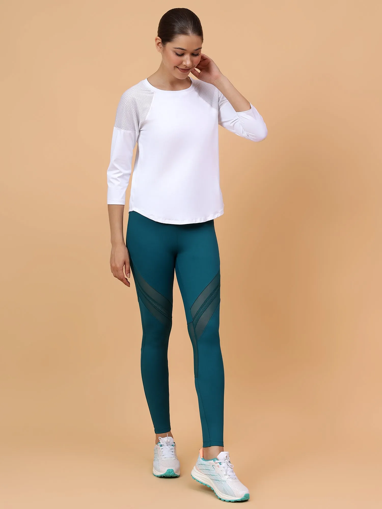 Fitkin Women White Back Mesh Panel 3/4 Sleeve Tshirt