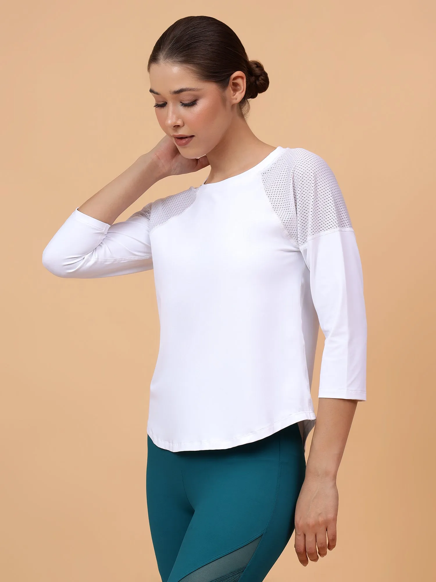 Fitkin Women White Back Mesh Panel 3/4 Sleeve Tshirt