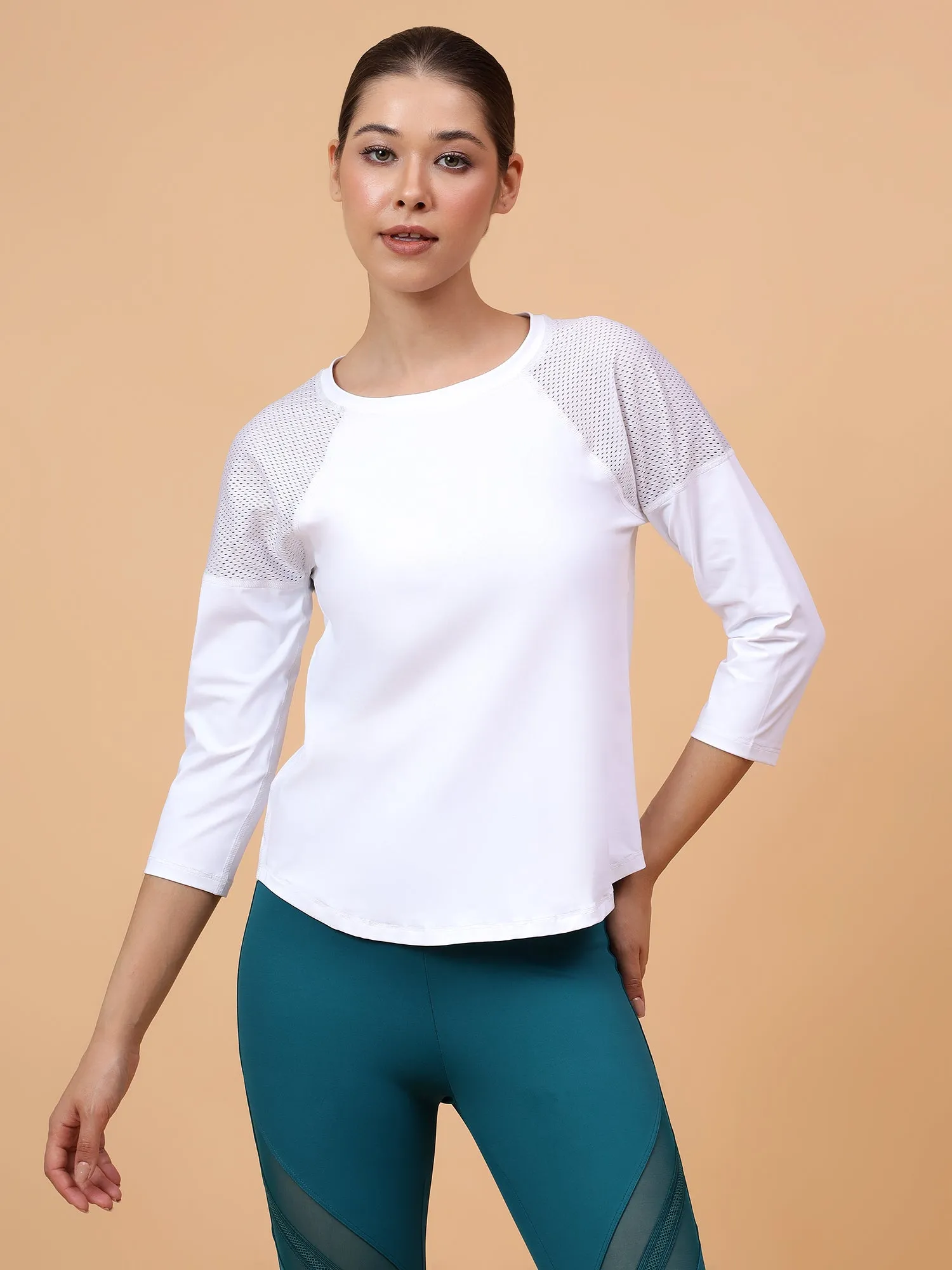 Fitkin Women White Back Mesh Panel 3/4 Sleeve Tshirt