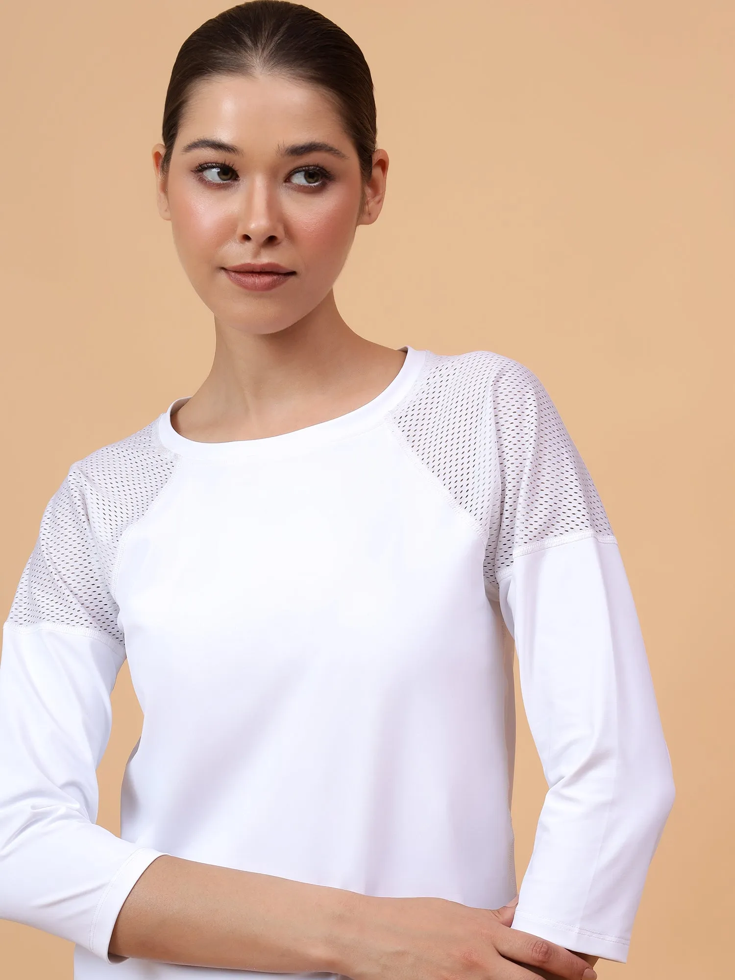 Fitkin Women White Back Mesh Panel 3/4 Sleeve Tshirt