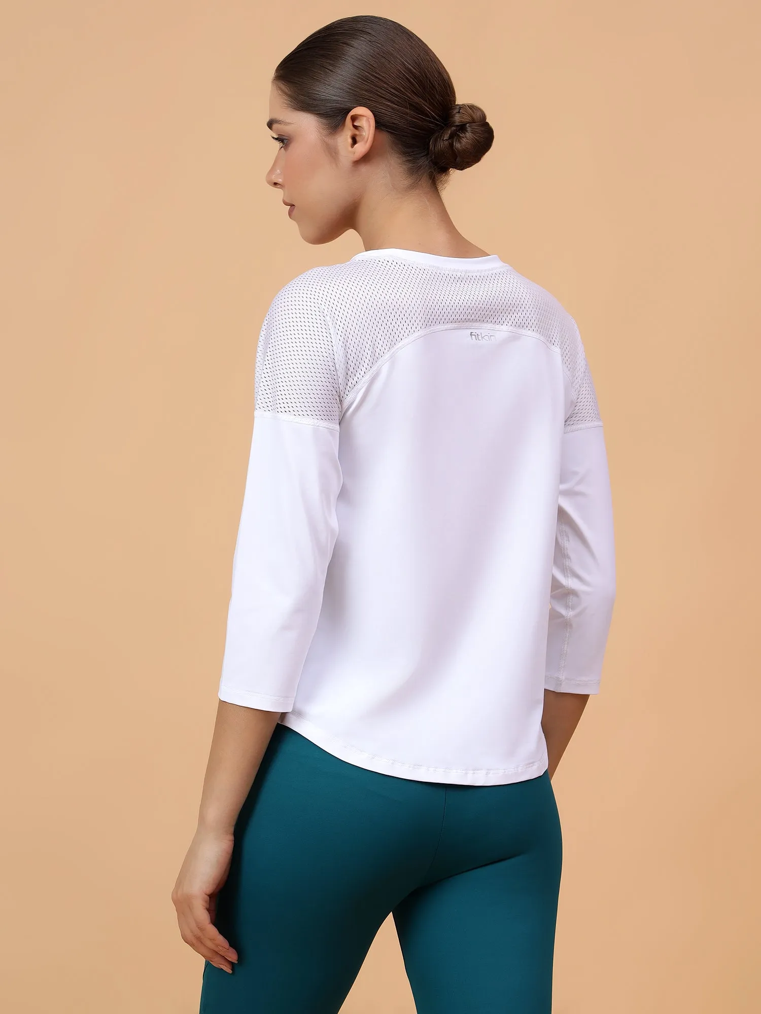 Fitkin Women White Back Mesh Panel 3/4 Sleeve Tshirt