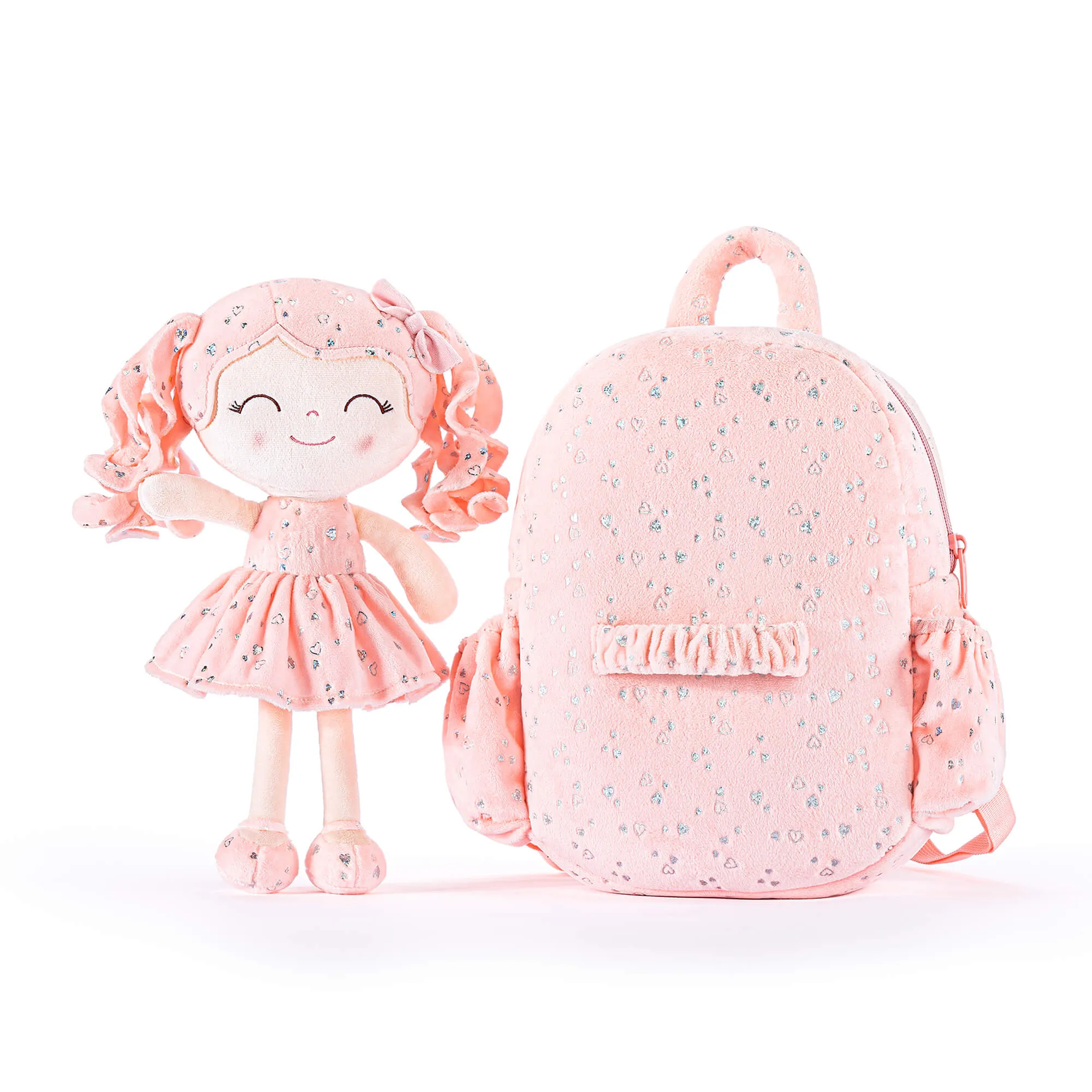 Gloveleya 11-inch Toddler Girl Backpack Plush Kindergarten Backpacks with 12-inch Curly Hair Ironing Silver Heart Doll Coral