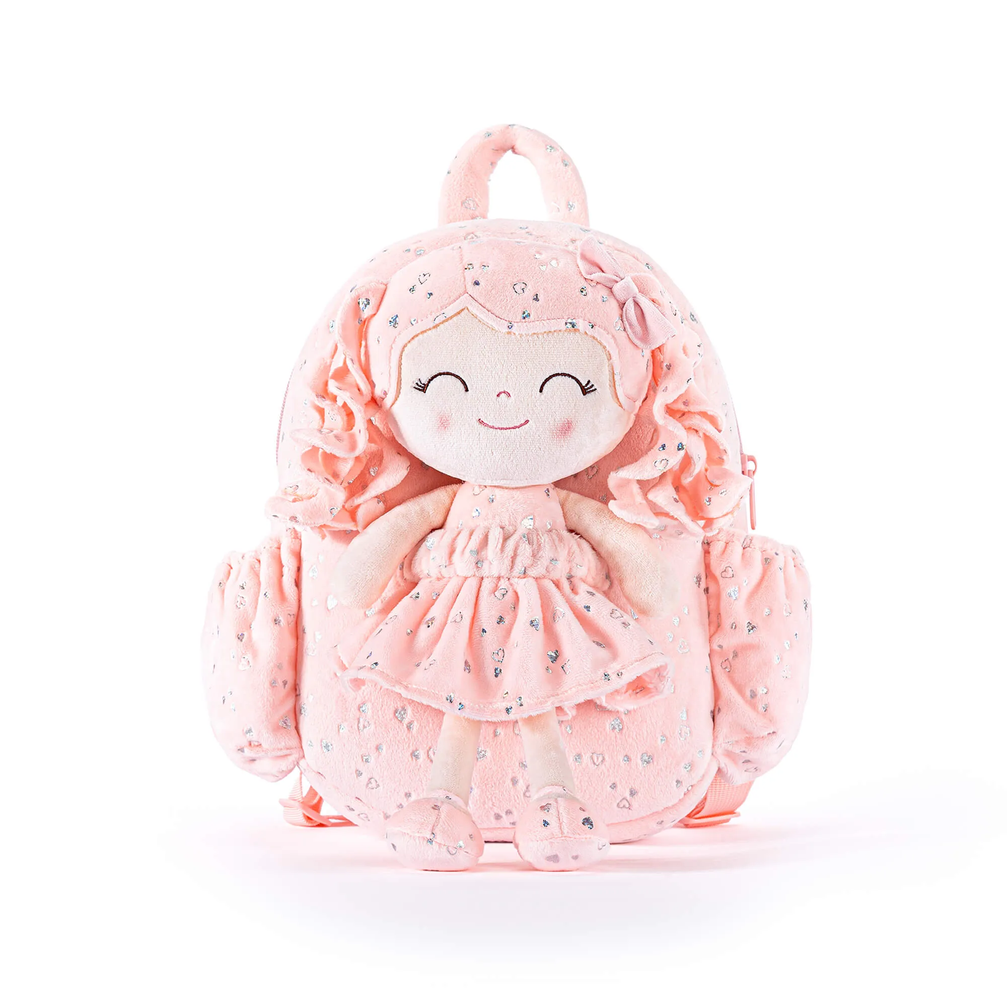 Gloveleya 11-inch Toddler Girl Backpack Plush Kindergarten Backpacks with 12-inch Curly Hair Ironing Silver Heart Doll Coral