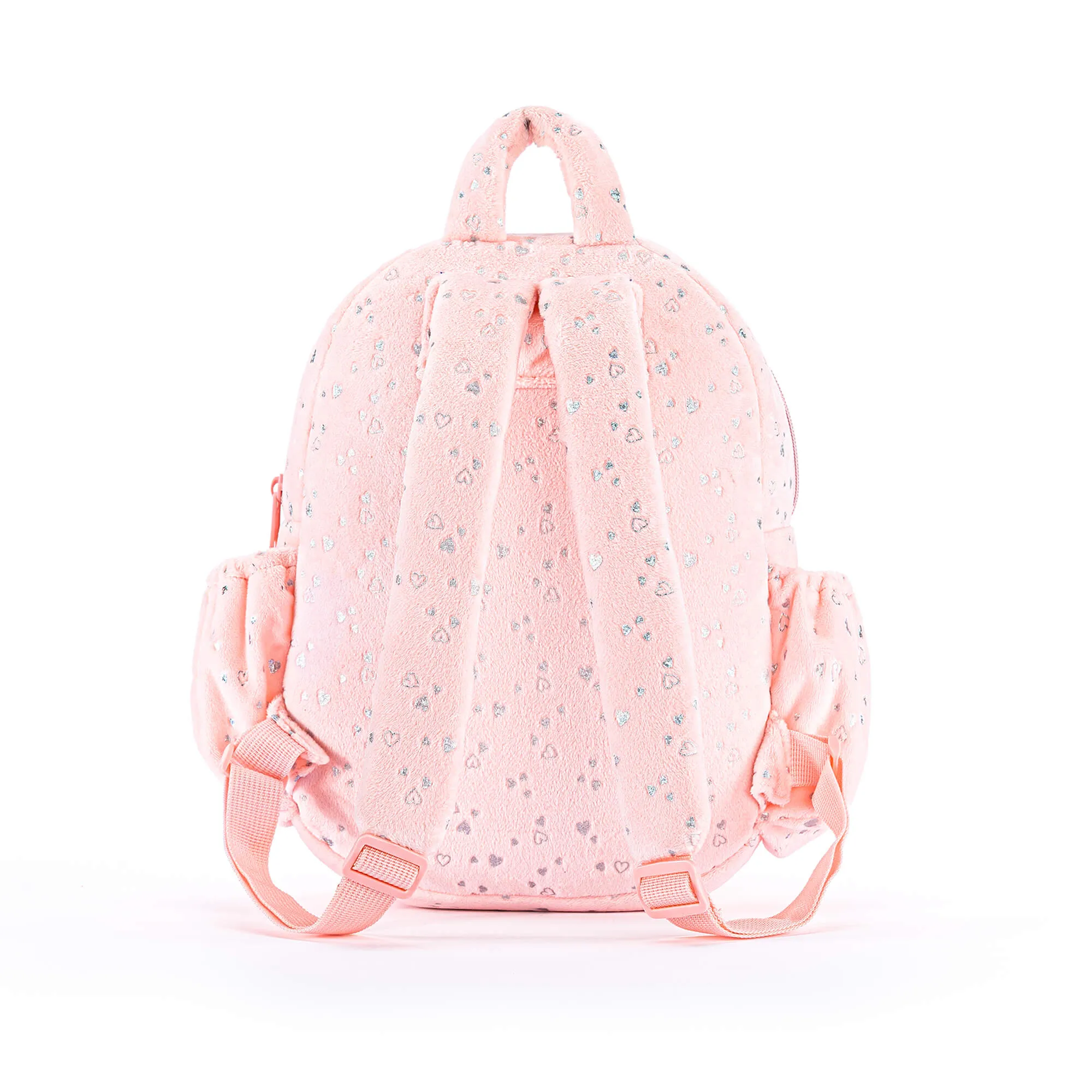 Gloveleya 11-inch Toddler Girl Backpack Plush Kindergarten Backpacks with 12-inch Curly Hair Ironing Silver Heart Doll Coral