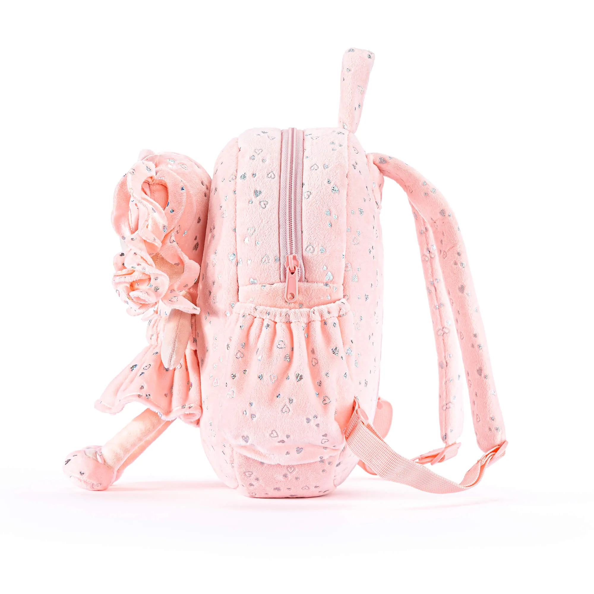 Gloveleya 11-inch Toddler Girl Backpack Plush Kindergarten Backpacks with 12-inch Curly Hair Ironing Silver Heart Doll Coral