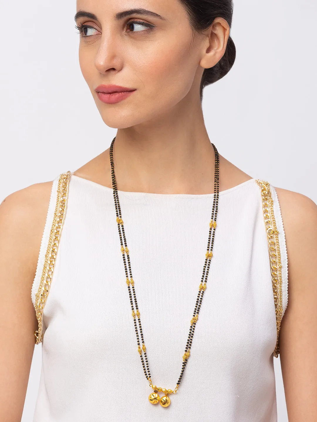 Gold Plated Long Mangalsutra मंगलसूत्र Latest Design Tanmaniya/Long Gold Chain/Black Beads Vati Pendant New Mangalsutra Designs For Women (32 Inches)