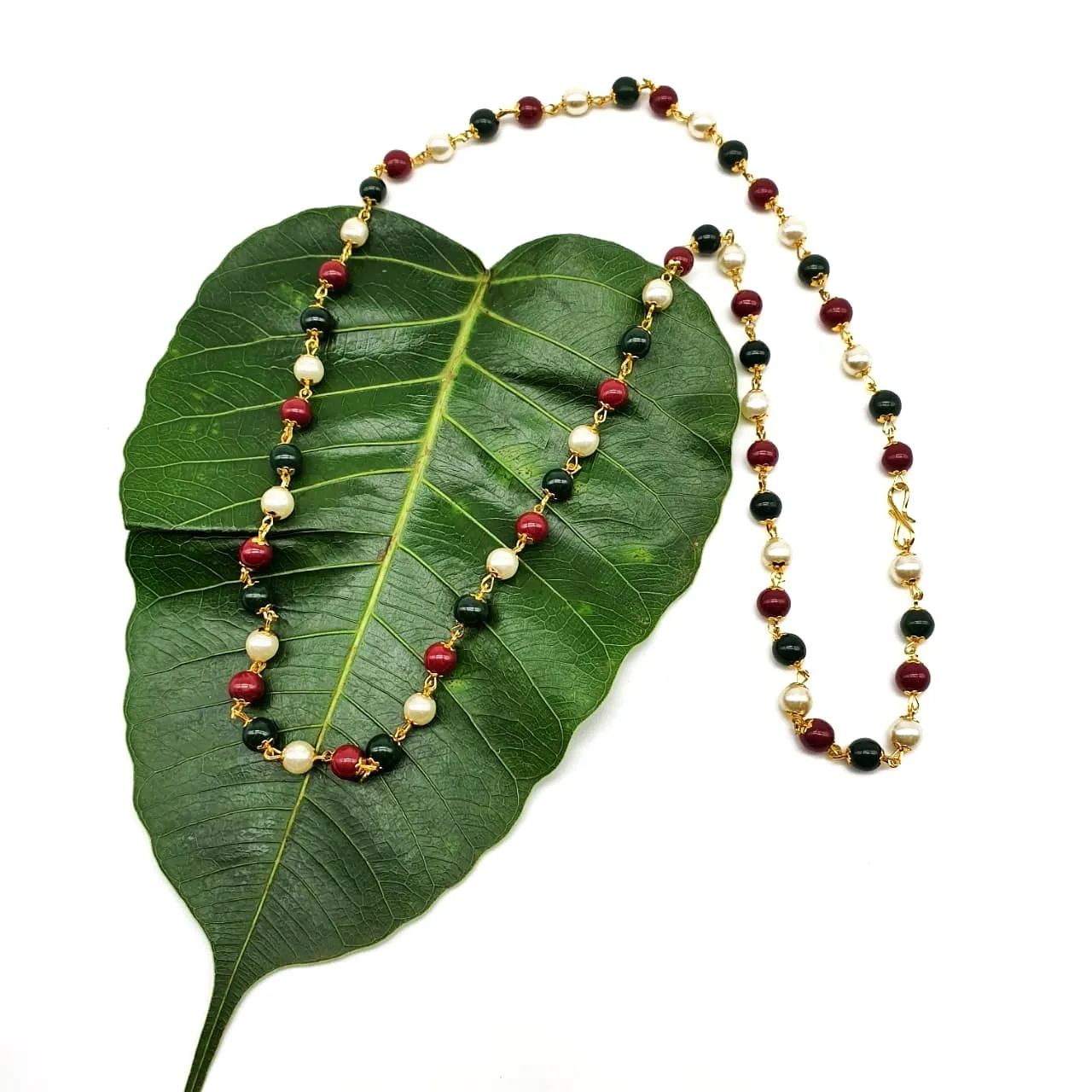 Gold Plated Necklace with Red Green & White Pearl Mala Necklace